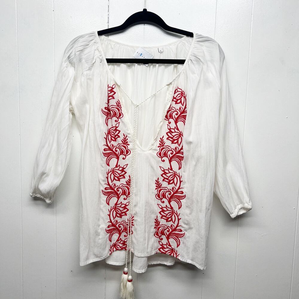 CJ Laing Gauzy Top Womens Large Embroidered Tasseled Boho Peasant Cottagecore